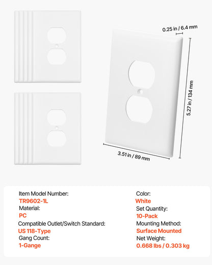 1-Gang Duplex Outlet Covers, 10 Pack Standard Size Wall Outlet Cover, Unbreakable and Impact-Resistant Polycarbonate Thermoplastic, Dual Receptacle Faceplate, for Electrical Outlets, White