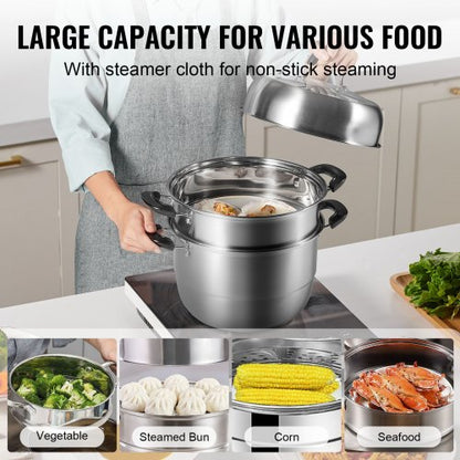 Dampfgarer 11 Zoll/28 cm, 3-stufiger Dampfgarer zum Kochen mit 8,5 QT Suppentopf, Gemüsedämpfer und 2 Dampfschalen, lebensmittelechtes 304 Edelstahl-Dampfgarer-Kochgeschirr für Gas- und Elektroherdgrill | EU