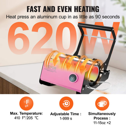 Mug Heat Press, 11-30oz Tumbler Heat Press Machine, Sublimation Transfer Straight Skinny Tumblers, Cup Heat Press with Heat-resist Gloves & Tape, DIY Ceramic Mugs Cups Glasses, As Gift, Pink