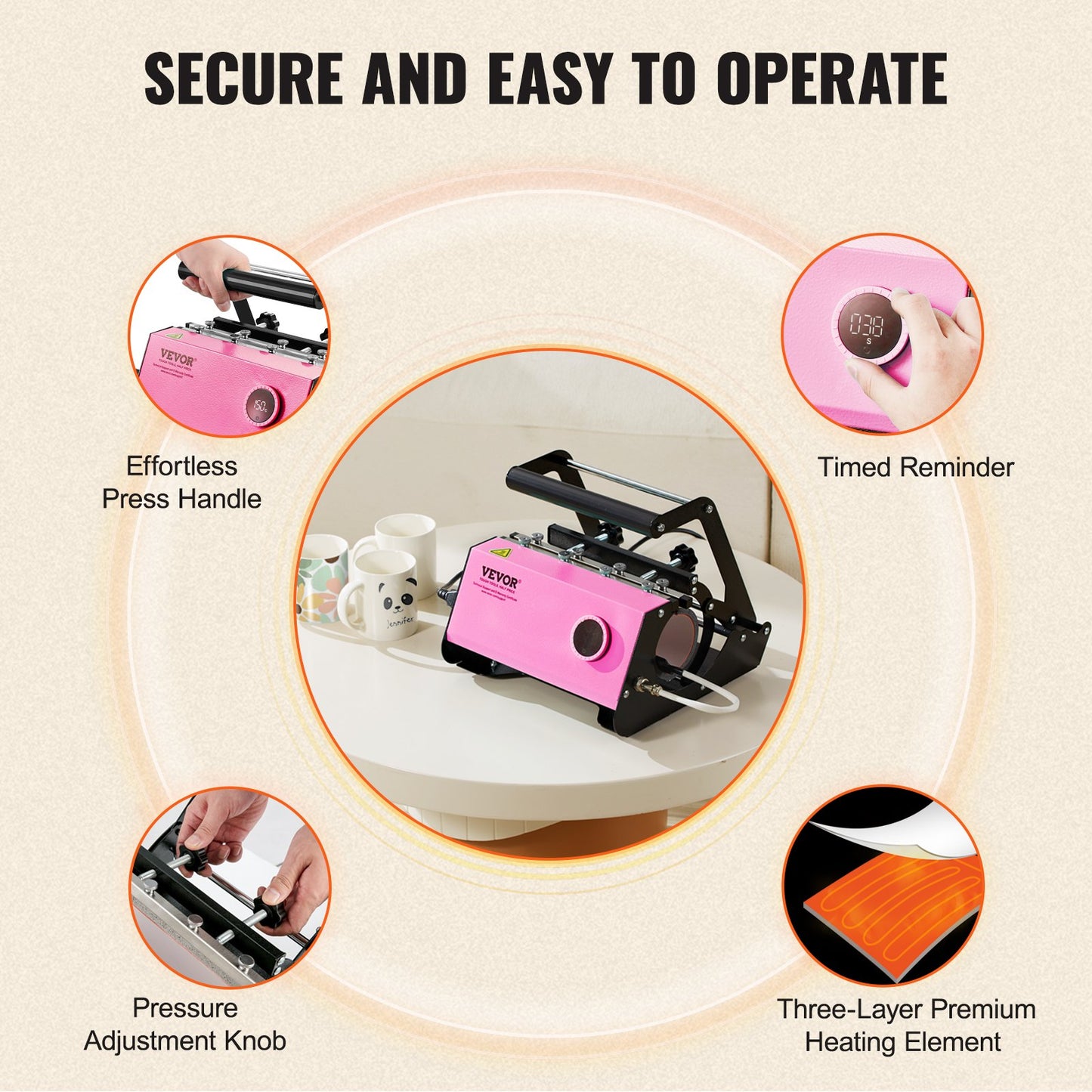 Mug Heat Press, 11-30oz Tumbler Heat Press Machine, Sublimation Transfer Straight Skinny Tumblers, Cup Heat Press with Heat-resist Gloves & Tape, DIY Ceramic Mugs Cups Glasses, As Gift, Pink