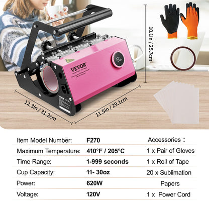 Mug Heat Press, 11-30oz Tumbler Heat Press Machine, Sublimation Transfer Straight Skinny Tumblers, Cup Heat Press with Heat-resist Gloves & Tape, DIY Ceramic Mugs Cups Glasses, As Gift, Pink