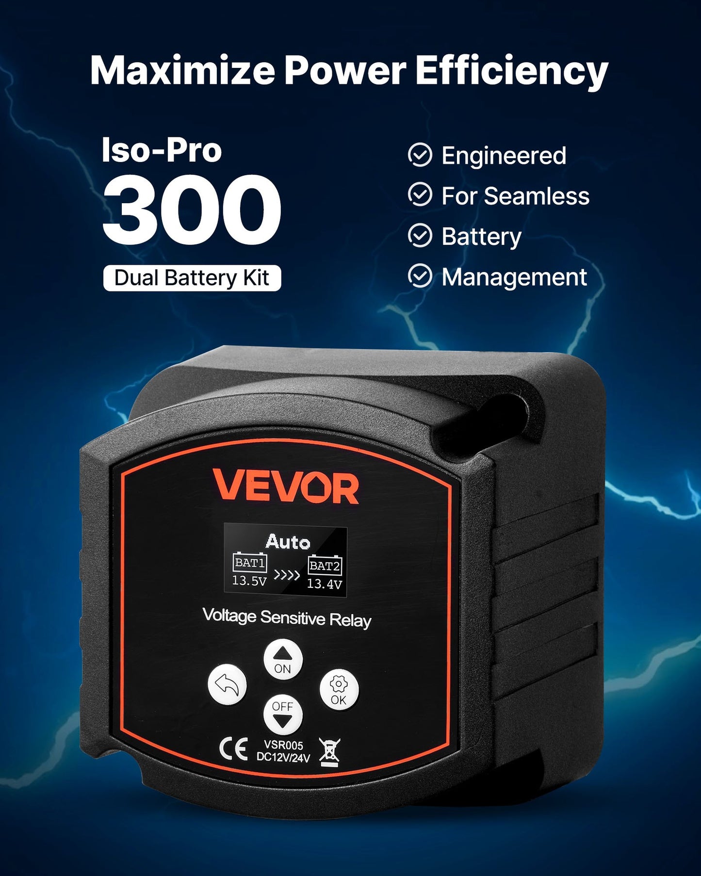 Dual Battery Isolator, 12V 300 Amp, Manual and Automatic VSR Voltage Sensitive Relay with LCD Screen, Smart Battery Isolator for Lithium & Lead-Acid Batteries, for Car Truck RV UTV ATV Boat