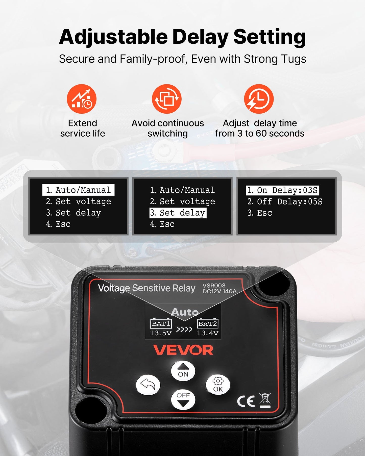 Dual Battery Isolator, 12V 140 Amp, Manual and Automatic VSR Voltage Sensitive Relay with LCD Screen, Smart Battery Isolator for Lithium & Lead-Acid Batteries, for Car Truck RV UTV ATV Boat