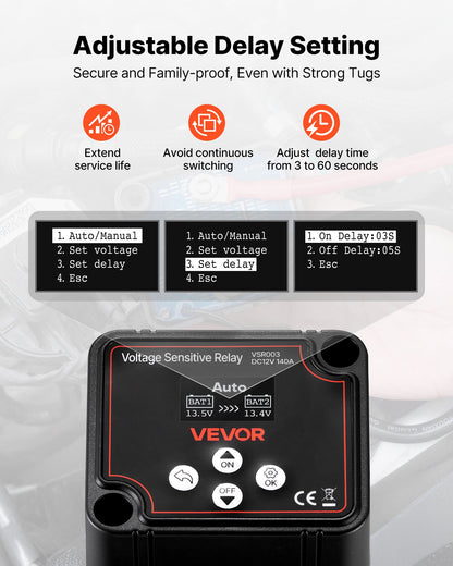 Dual Battery Isolator, 12V 140 Amp, Manual and Automatic VSR Voltage Sensitive Relay with LCD Screen, Smart Battery Isolator for Lithium & Lead-Acid Batteries, for Car Truck RV UTV ATV Boat