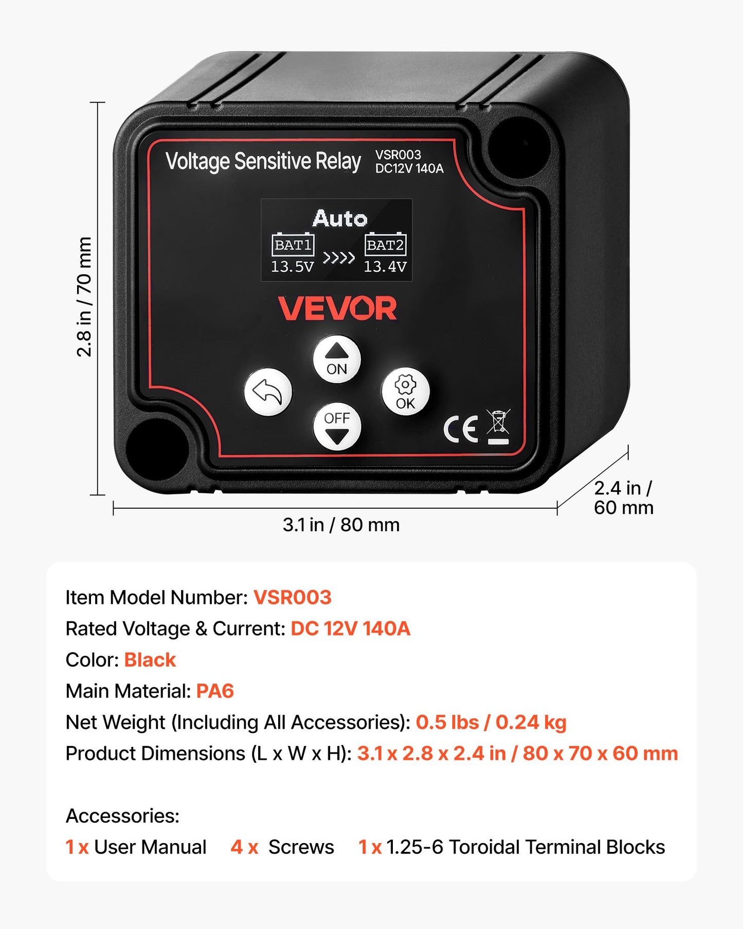 Dual Battery Isolator, 12V 140 Amp, Manual and Automatic VSR Voltage Sensitive Relay with LCD Screen, Smart Battery Isolator for Lithium & Lead-Acid Batteries, for Car Truck RV UTV ATV Boat