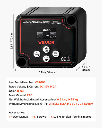 Dual Battery Isolator, 12V 140 Amp, Manual and Automatic VSR Voltage Sensitive Relay with LCD Screen, Smart Battery Isolator for Lithium & Lead-Acid Batteries, for Car Truck RV UTV ATV Boat