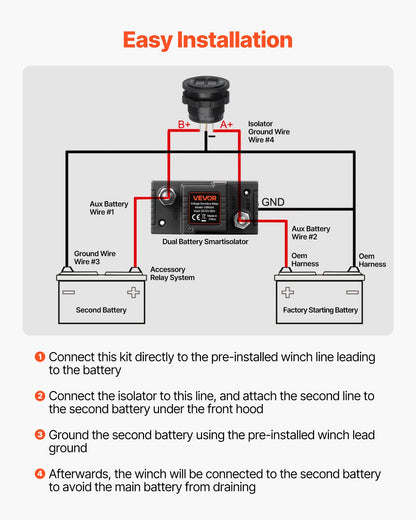 Dual Battery Isolator Kit, 12V 80 Amp, Manual and Automatic VSR Voltage Sensitive Relay with Voltmeter, LCD Screen, Smart Battery Isolator, Compatible with Lead-Acid Batteries, for UTV, ATV