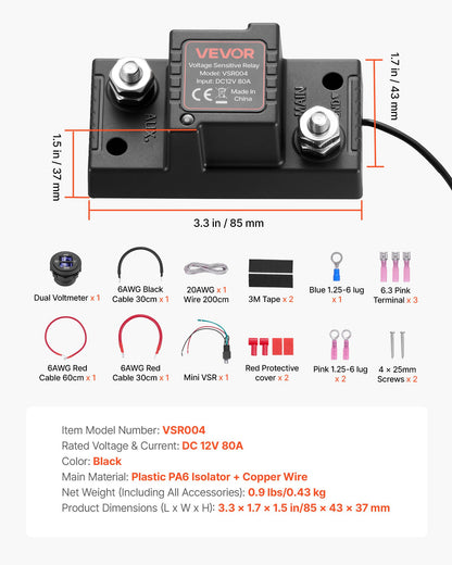 Dual Battery Isolator Kit, 12V 80 Amp, Manual and Automatic VSR Voltage Sensitive Relay with Voltmeter, LCD Screen, Smart Battery Isolator, Compatible with Lead-Acid Batteries, for UTV, ATV