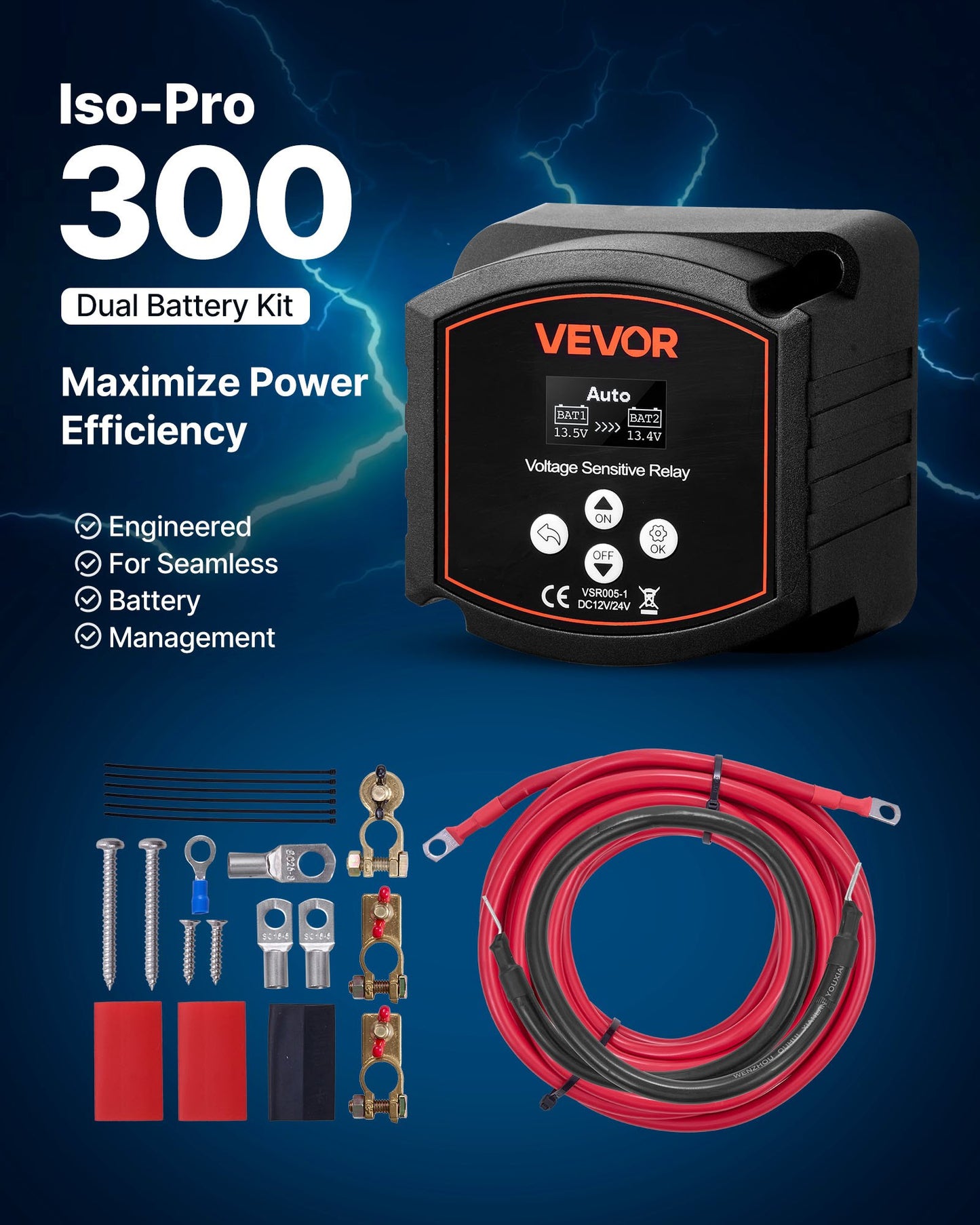 Dual Battery Isolator Kit, 12V 300 Amp, Manual and Automatic VSR Voltage Sensitive Relay with Voltmeter, LCD Screen, Smart Battery Isolator, Compatible with Lead-Acid Batteries, for UTV, ATV