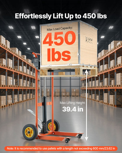 Hydraulic Material Lift Winch Stacker, 450 lbs Load Capacity, Pallet Truck Dolly with Fork Lift Table, 39.4 Inches Max Lifting Height, Foldable & Portable Pallet Jack Table Cart, Yellow & Black