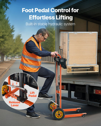 Hydraulic Material Lift Winch Stacker, 450 lbs Load Capacity, Pallet Truck Dolly with Fork Lift Table, 39.4 Inches Max Lifting Height, Foldable & Portable Pallet Jack Table Cart, Yellow & Black