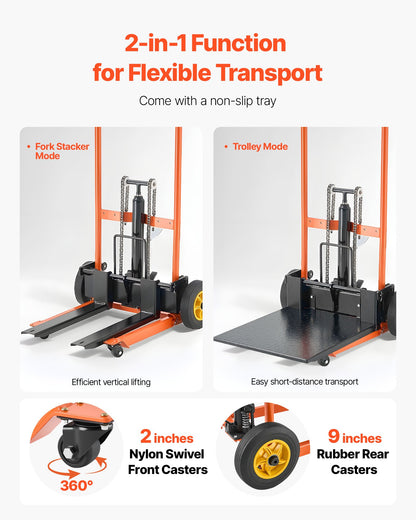Hydraulic Material Lift Winch Stacker, 450 lbs Load Capacity, Pallet Truck Dolly with Fork Lift Table, 39.4 Inches Max Lifting Height, Foldable & Portable Pallet Jack Table Cart, Yellow & Black