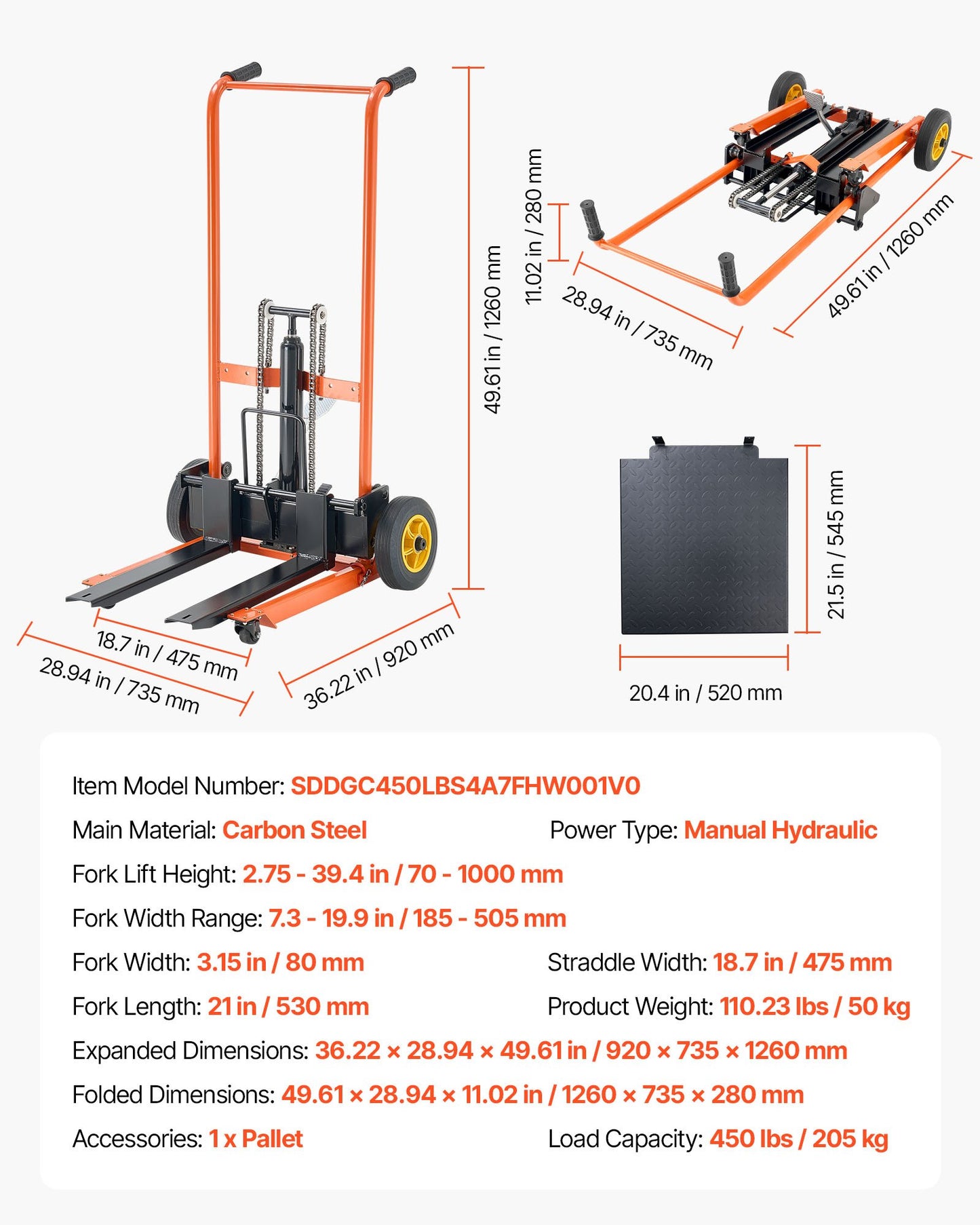 Hydraulic Material Lift Winch Stacker, 450 lbs Load Capacity, Pallet Truck Dolly with Fork Lift Table, 39.4 Inches Max Lifting Height, Foldable & Portable Pallet Jack Table Cart, Yellow & Black