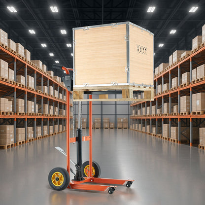 Hydraulic Material Lift Winch Stacker, 450 lbs Load Capacity, Pallet Truck Dolly with Fork Lift Table, 39.4 Inches Max Lifting Height, Foldable & Portable Pallet Jack Table Cart, Yellow & Black