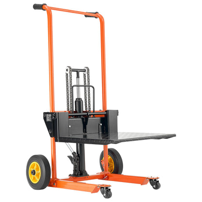 Hydraulic Material Lift Winch Stacker, 450 lbs Load Capacity, Pallet Truck Dolly with Fork Lift Table, 39.4 Inches Max Lifting Height, Foldable & Portable Pallet Jack Table Cart, Yellow & Black