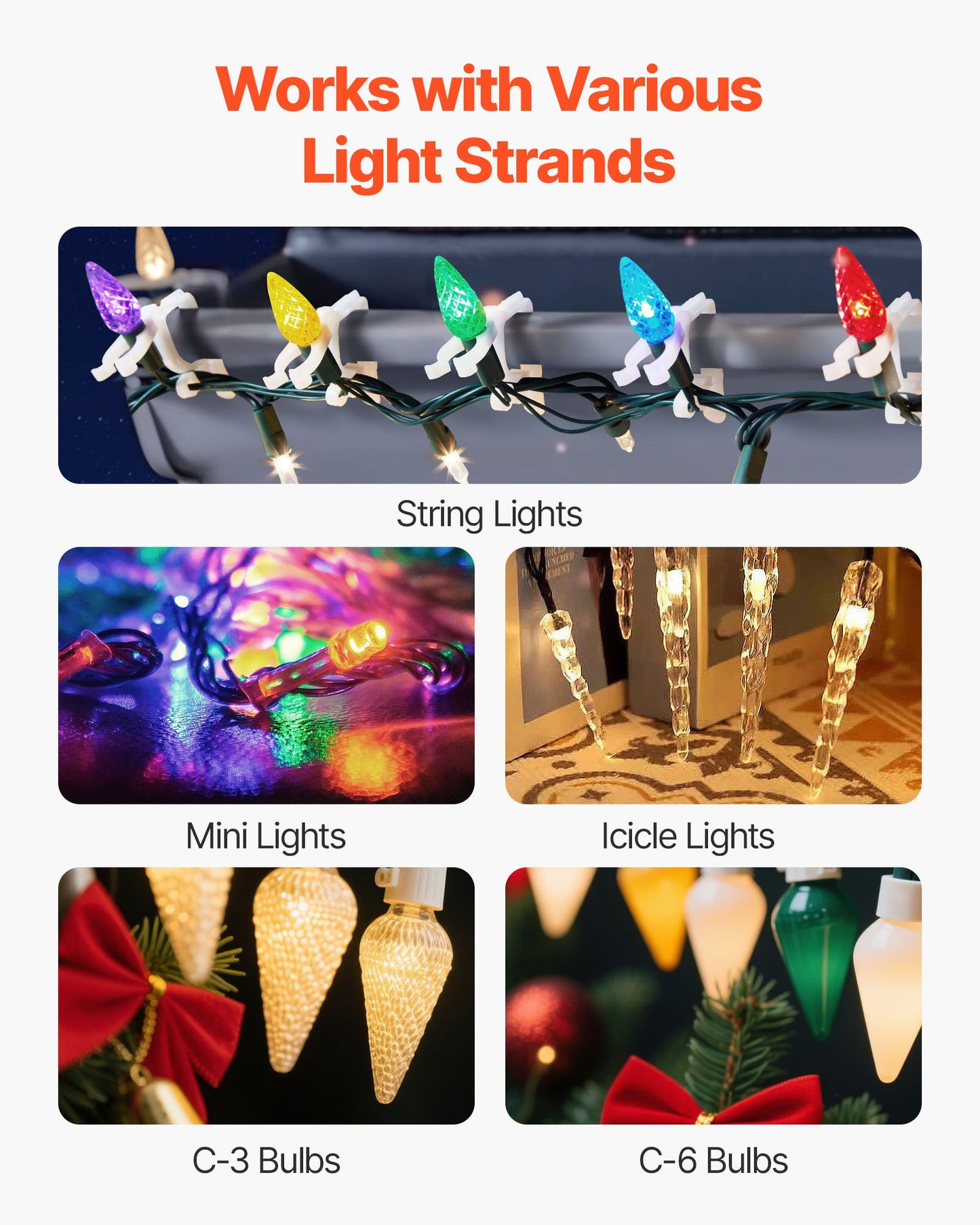 Christmas Light Clips, 200 Pack, Weatherproof Holiday Outdoor Lighting Hanging Hooks, Mount to Shingles & Gutters, for C3, C4, Mini, Outside String Lights, Christmas Decoration, No Tool Required