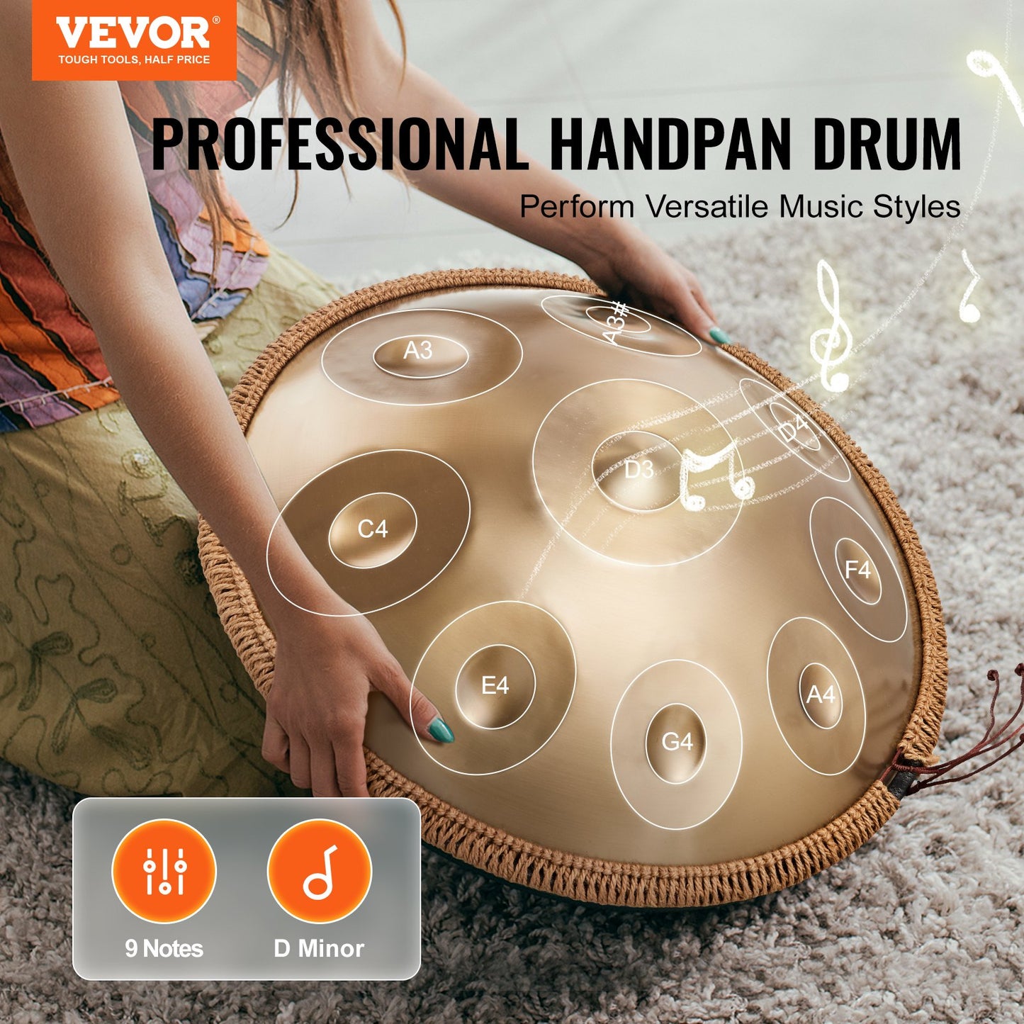 Handpan Trumma 22 in 9 Notes D Minor Steel Handtrumma med klubbor för vuxna