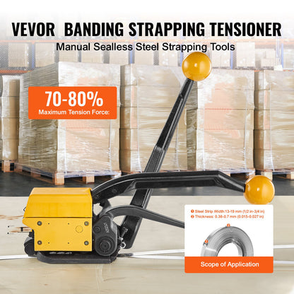 Steel Strapping Tool for 1/2"-3/4" Width, 3-in-1 (Tensioner, Crimper, Cutter) Manual Belt Packaging Banding Machine Packaging Metal Steel Strapping Banding Tool Machine for Stainless Steel Strap