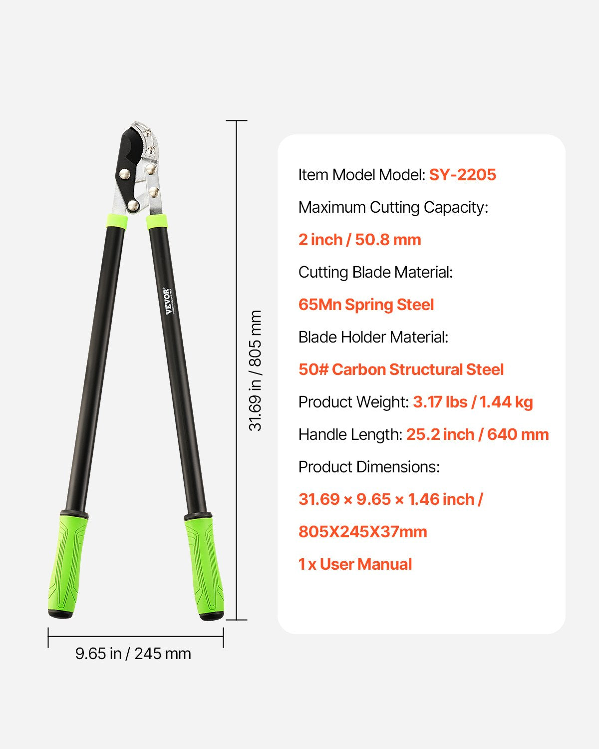 Loppers for Tree Trimming, 32 inch Garden Anvil Trimmer with Compound Action, Sharp Steel Blade, Heavy Duty Tree Branch Cutter Up to 2 inch Dia Cut Capacity, Ergonomically Designed Handles