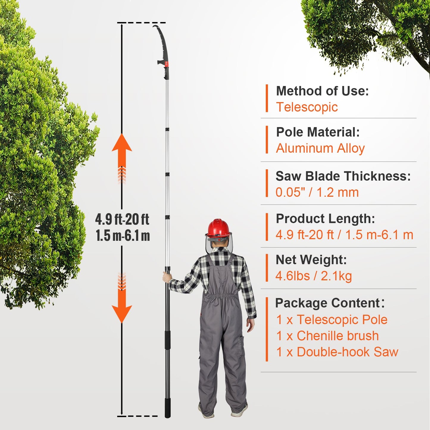 Manual Pole Saw, 4.9-20 ft Extendable Tree Pruner, Sharp Steel Blade for High Branches Trimming, with Lightweight Aluminum Alloy Handle and a Chenille Brush, for Pruning Palms and Shrubs