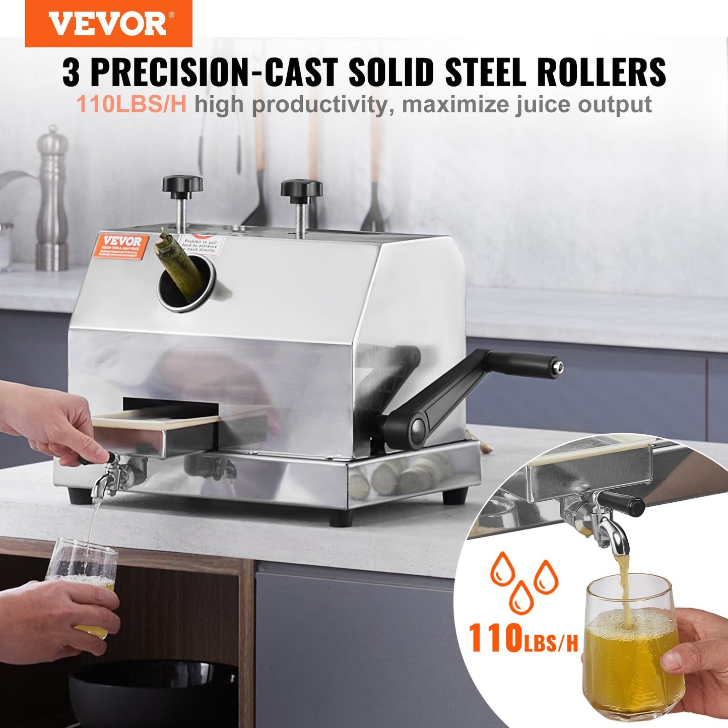 Kommersiell sockerrörsjuicermaskin 110LBS/H Utgång 3 rullar 2,4" inlopp