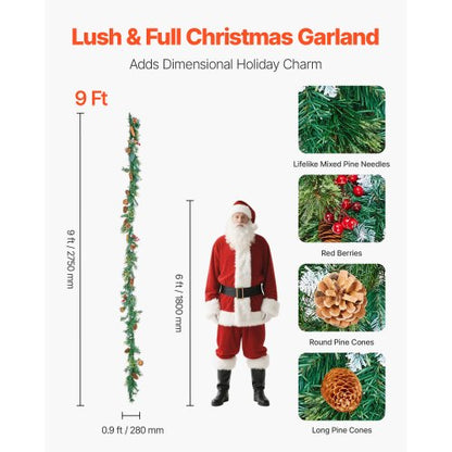 2.7 m Christmas garland with string lights, red berries, pine cones and needles | EU
