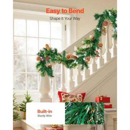 2.7 m Christmas garland with string lights, red berries, pine cones and needles | EU