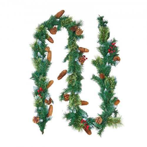2.7 m Christmas garland with string lights, red berries, pine cones and needles | EU
