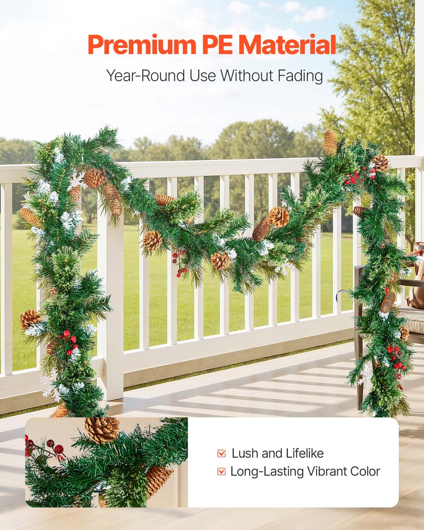 Christmas Garland, 9-Ft Artificial Christmas Garland with Light String, Faux Greenery Decoration with Berry Clusters, Pine Needles, Pine Cones, Realistic Xmas Collection for Mantel & Fireplace
