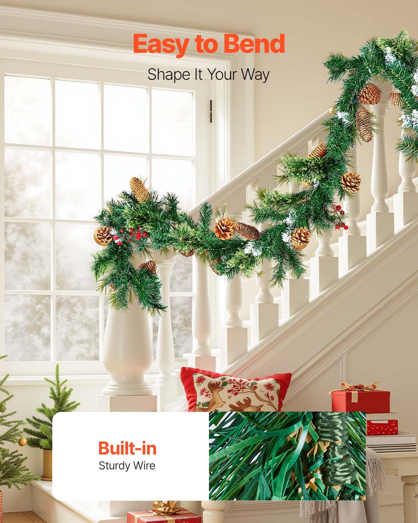 Christmas Garland, 9-Ft Artificial Christmas Garland with Light String, Faux Greenery Decoration with Berry Clusters, Pine Needles, Pine Cones, Realistic Xmas Collection for Mantel & Fireplace