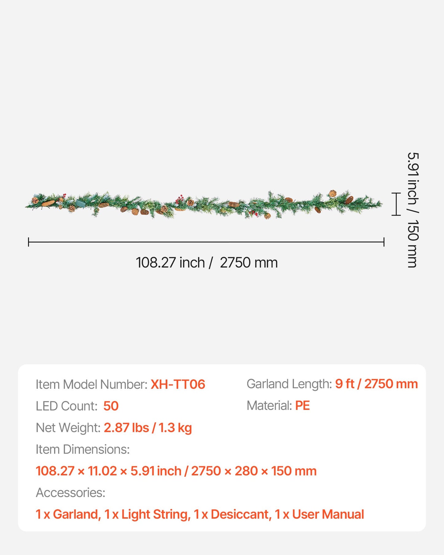 Christmas Garland, 9-Ft Artificial Christmas Garland with Light String, Faux Greenery Decoration with Berry Clusters, Pine Needles, Pine Cones, Realistic Xmas Collection for Mantel & Fireplace