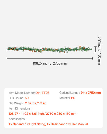 Christmas Garland, 9-Ft Artificial Christmas Garland with Light String, Faux Greenery Decoration with Berry Clusters, Pine Needles, Pine Cones, Realistic Xmas Collection for Mantel & Fireplace