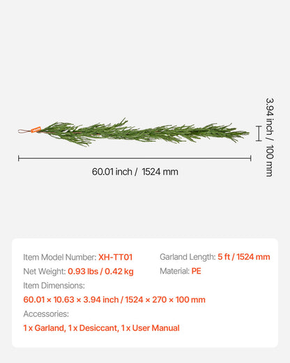 Christmas Garland, 5-FT Realistic Norfolk Pine Garland, Evergreen Real Touch Artificial Faux Greenery Garlands, for Holiday Indoor Outdoor Xmas Decoration on Table, Mantel, and Fireplace