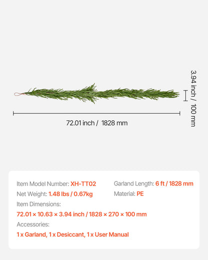 Christmas Garland, 6-FT Realistic Norfolk Pine Garland, Evergreen Real Touch Artificial Faux Greenery Garlands, for Holiday Indoor Outdoor Xmas Decoration on Table, Mantel, and Fireplace