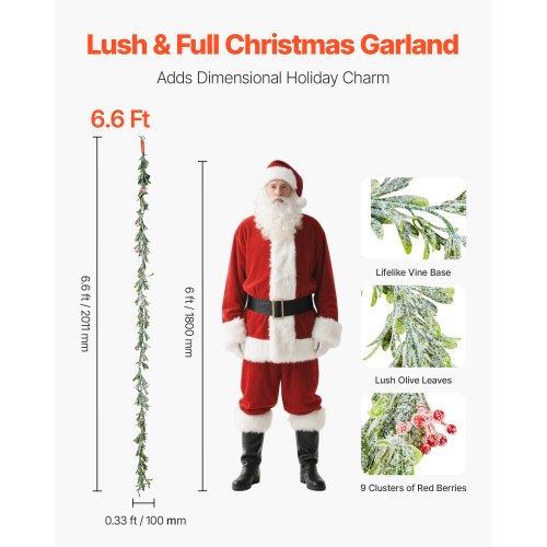 6.6 ft Christmas garland with vines, berries, olive leaves and string lights | EU
