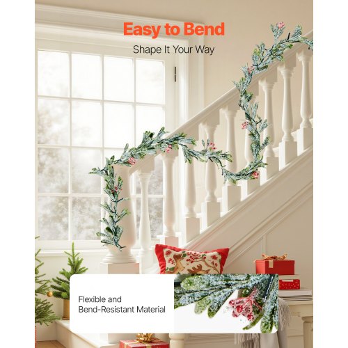 6.6 ft Christmas garland with vines, berries, olive leaves and string lights | EU