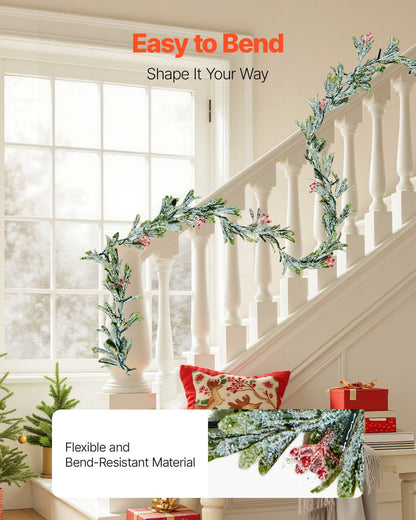 Christmas Garland, 6.6-FT Realistic Greenery Decorated with Vines, Olive Leaves, and Berries, Evergreen Faux Garlands with Light String for Indoor Outdoor Xmas Decoration on Mantel Fireplace