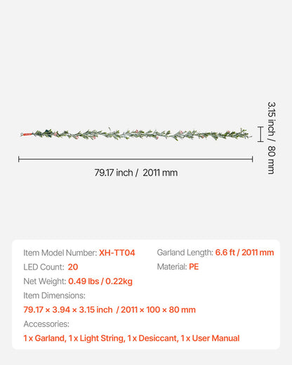 Christmas Garland, 6.6-FT Realistic Greenery Decorated with Vines, Olive Leaves, and Berries, Evergreen Faux Garlands with Light String for Indoor Outdoor Xmas Decoration on Mantel Fireplace