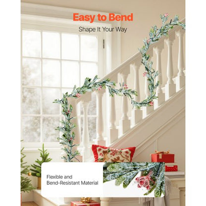 2.7 m Christmas garland with artificial vines, berries, olive leaves and string lights | EU