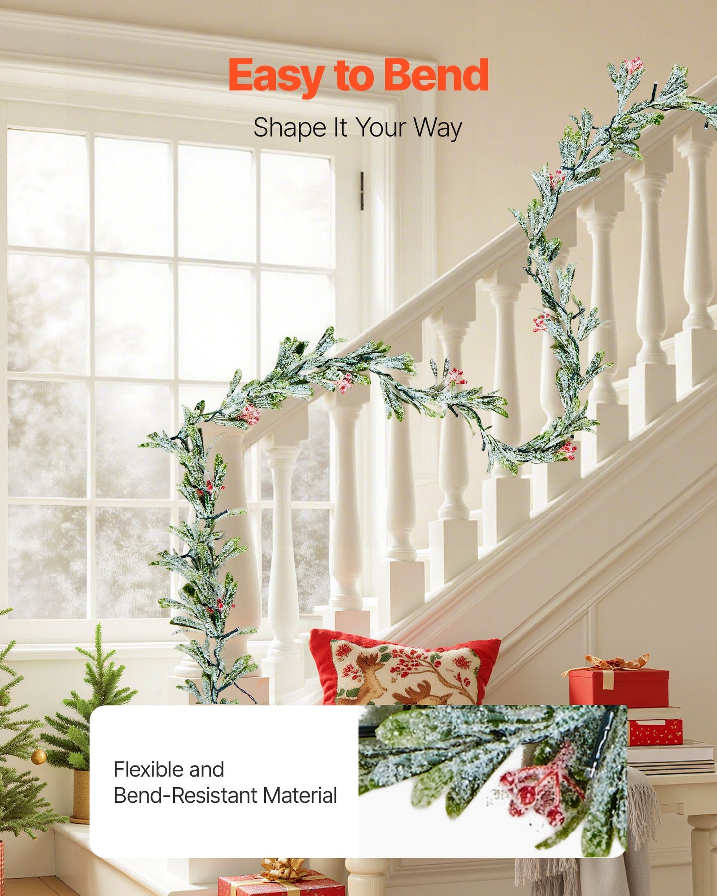 Christmas Garland, 9-FT Realistic Greenery Decorated with Vines, Olive Leaves, and Berries, Evergreen Faux Garlands with Light String for Indoor Outdoor Xmas Decoration on Mantel Fireplace