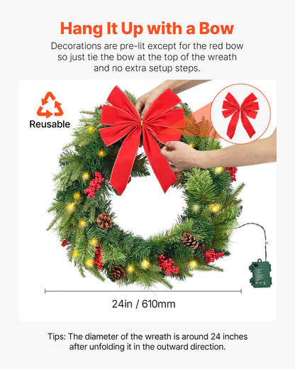 Christmas Wreath, 24 Inches Pre-Lit Artificial Christmas Wreath with 50 LED Lights and Timer, Decorated with Pine Cones, Red Berry Clusters, Holly Leaves, Suitable for Fireplace Door Window