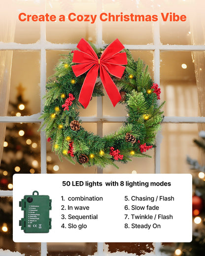 Christmas Wreath, 24 Inches Pre-Lit Artificial Christmas Wreath with 50 LED Lights and Timer, Decorated with Pine Cones, Red Berry Clusters, Holly Leaves, Suitable for Fireplace Door Window