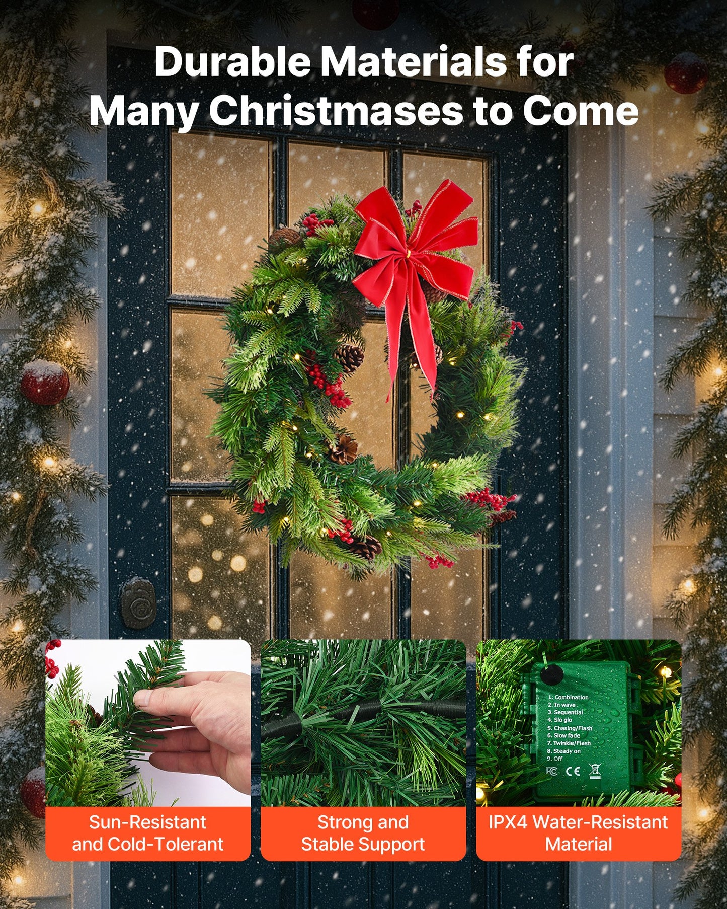 Christmas Wreath, 24 Inches Pre-Lit Artificial Christmas Wreath with 50 LED Lights and Timer, Decorated with Pine Cones, Red Berry Clusters, Holly Leaves, Suitable for Fireplace Door Window