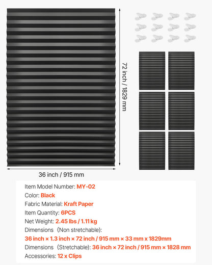 Paper Blinds, 6 Pack, 36 in x 72 in, Temporary Blackout Pleated Paper Shades, No Tools No Drilling, Pleated Blinds with Adhesive, Easy to Cut and install, for Indoor Windows, Kitchen, Bedroom