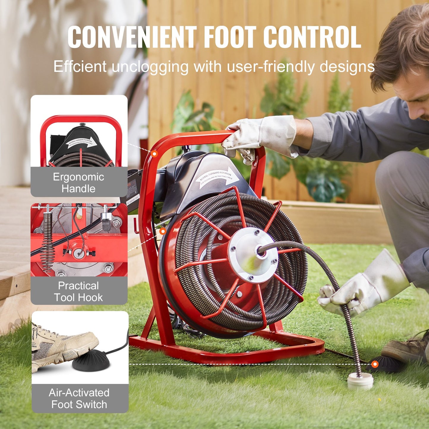 Drain cleaner machine drain auger 75FT x 1/2 inch manual feed &amp; 4 cutters