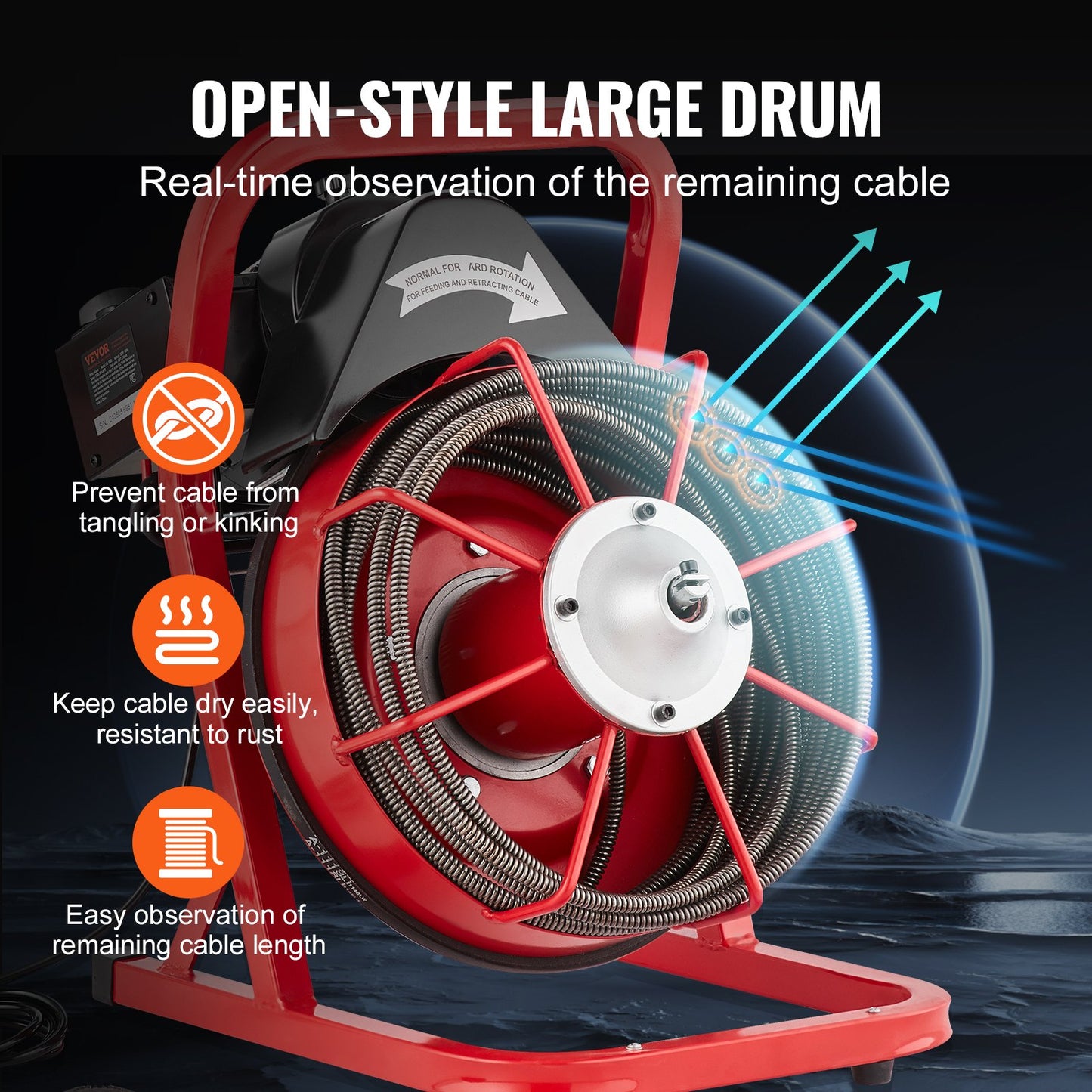 Drain Cleaner Machine 50FT x 3/8 Inch, Sewer Snake Auger Manual Feed, 250W Electric Drain Cleaning Machine with 4 Cutters & Air-activated Foot Switch for 2" to 4" Pipes