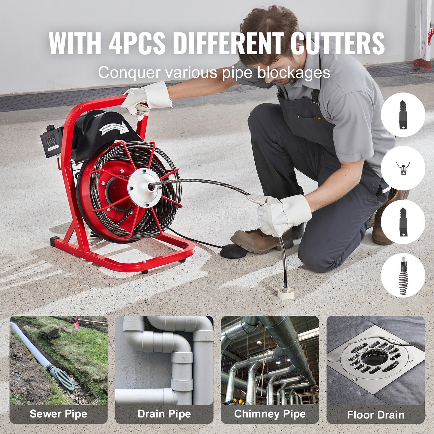 Drain Cleaner Machine 50FT x 3/8 Inch, Sewer Snake Auger Manual Feed, 250W Electric Drain Cleaning Machine with 4 Cutters & Air-activated Foot Switch for 2" to 4" Pipes