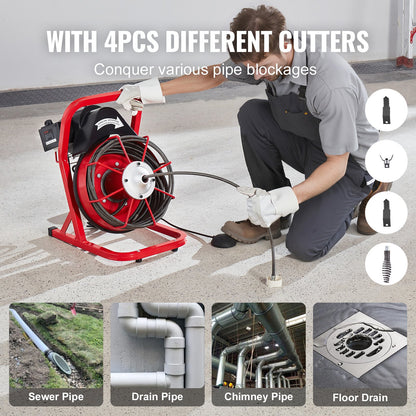Drain Cleaner Machine 50FT x 3/8 Inch, Sewer Snake Auger Manual Feed, 250W Electric Drain Cleaning Machine with 4 Cutters & Air-activated Foot Switch for 2" to 4" Pipes