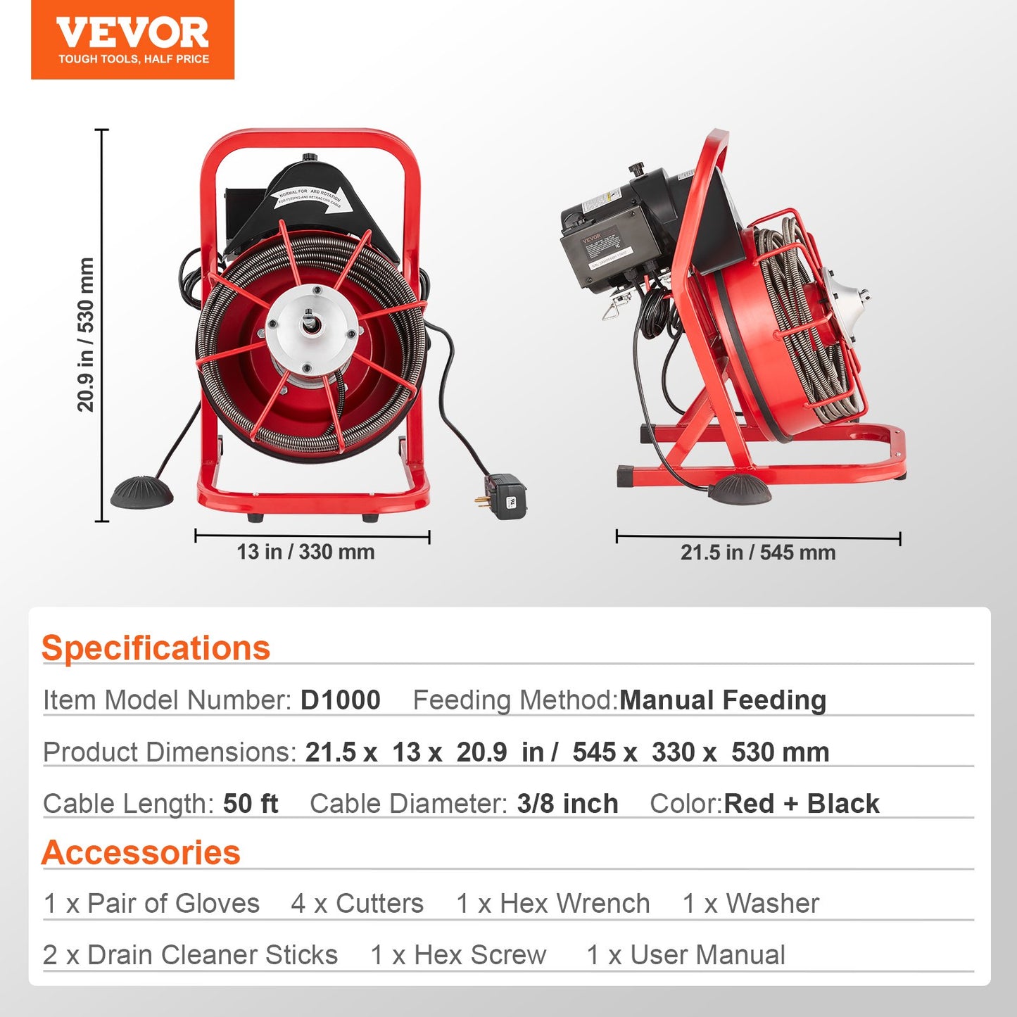 Drain Cleaner Machine 50FT x 3/8 Inch, Sewer Snake Auger Manual Feed, 250W Electric Drain Cleaning Machine with 4 Cutters & Air-activated Foot Switch for 2" to 4" Pipes