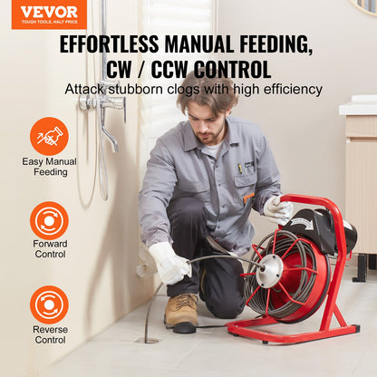 Drain cleaner machine drain auger 50FT x 3/8 inch manual feed &amp; 4 cutters